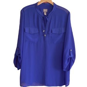 CHICO’S Sheer Purple Top Tunic Front Tie 3/4 Sleeve Size Medium/12